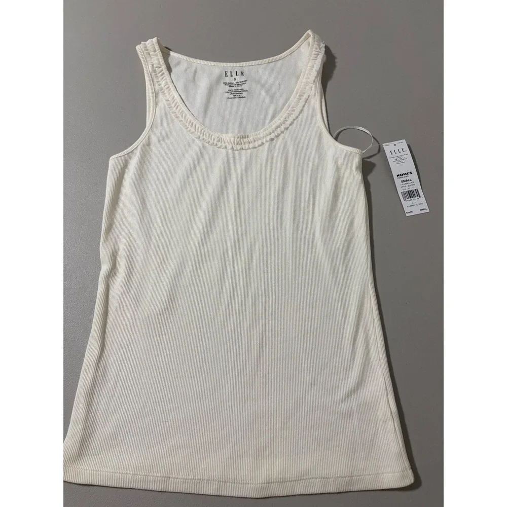 ELLE Cream Ribbed Tank‎ Top Ruffle Neck Sleeveless Basic Layering Top Small